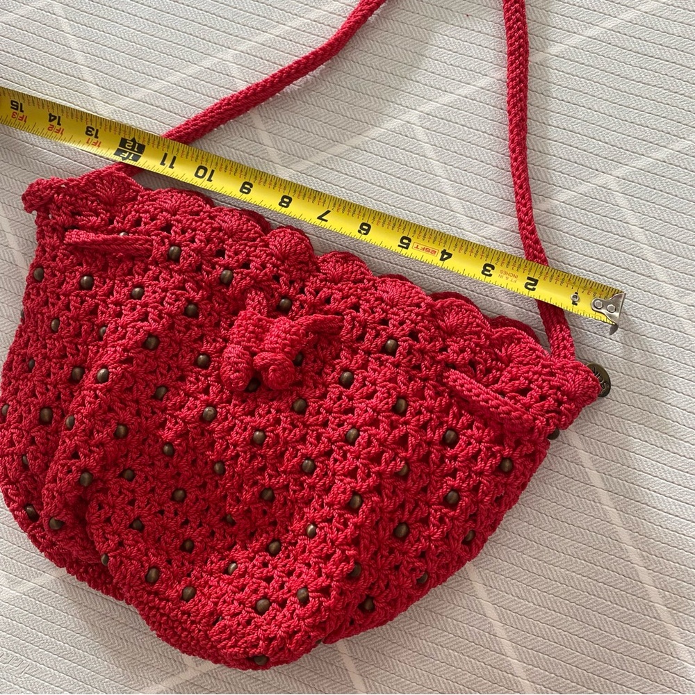 The Sak Red Boho Small Lined Crochet Drawstring Bucket Bag Crossbody - Picture 11 of 11